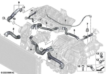 Upper Radiator Hose-Thermostat for BMW 1 Series F40, F52 2 Series F44, F45N, F46N X1 F48, F48N, F49N X2 F39 (OEM 17128658482). Original BMW.
