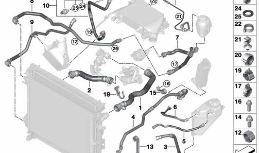 Manguera de depósito de expansión OEM 17128582012 para BMW X5 G05, X6 G06, X7 G07. Original BMW.