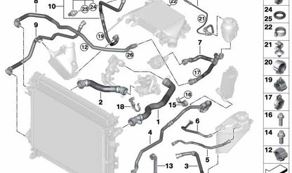 Tubo del radiador auxiliar OEM 17128590690 para BMW G30, G31, G11, G12, G05, G06. Original BMW.