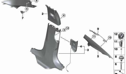 Copertura pilar C in alto a sinistra OEM 51439874511 per BMW F90, G30. BMW originale.