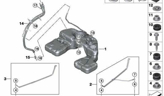 Soporte de sujeción izquierdo OEM 16117468281 para BMW G05 (X5) y G06 (X6) en múltiples versiones como xDrive25d, xDrive30d, 40d. Pieza original BMW.