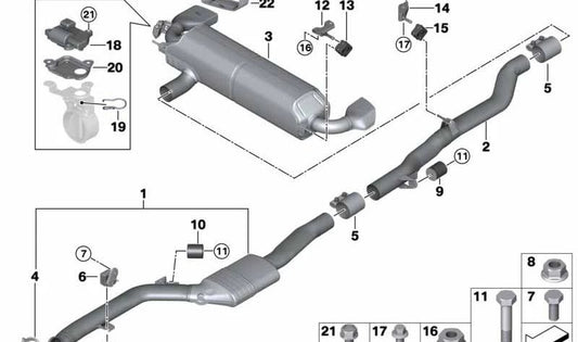 Silencioso trasero con válvula de escape OEM 18308652306 para BMW G30, G31 (540i y 540i xDrive). Compatible con modelos fabricados entre 2016 y 2023. Original BMW.