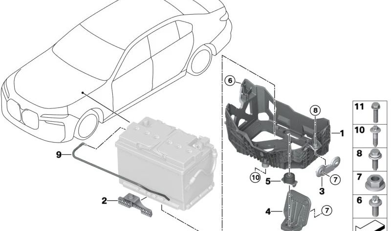 Soporte batería OEM 61215A299A5 para BMW Serie 5 G60 (520d, 520i, 523d, 530i). Compatible con tracción trasera y total. Desde 07/2023 en adelante. Original BMW.