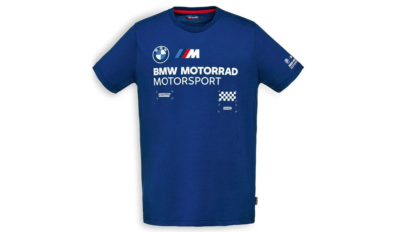 Camiseta azul BMW Motorrad M Motorsport OEM 76615A812B5 para hombre. Con logo BMW y M en el pecho. Disponible en tallas S a 3XL. Ideal para fanáticos de BMW Motorrad. Original BMW Motorrad.