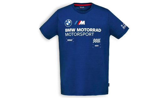 Camiseta azul BMW Motorrad M Motorsport OEM 76615A812B5 para hombre. Con logo BMW y M en el pecho. Disponible en tallas S a 3XL. Ideal para fanáticos de BMW Motorrad. Original BMW Motorrad.