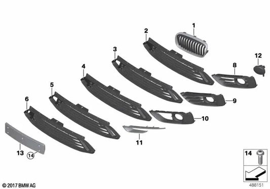 Front left decorative grille for BMW 2 Series F45, F46 (OEM 51137300543). Original BMW