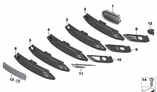 Rejilla central paragolpes cerrada OEM 51117301566 para BMW F45, F46. Recambio original BMW.