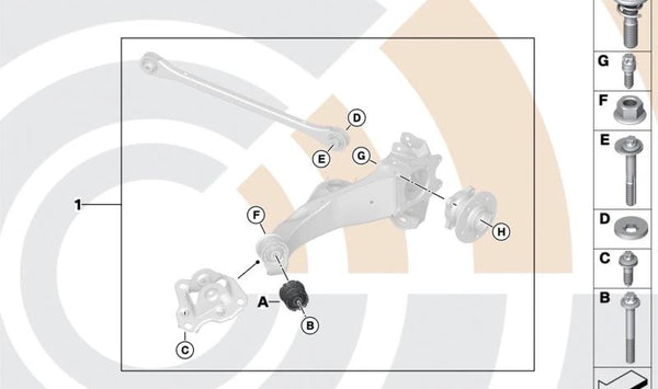 Kit de reparación silentblock brazo longitudinal OEM 33328854056 para BMW F40, F52, F44, F46, F48, F49, F39, F54, F60. Original BMW.