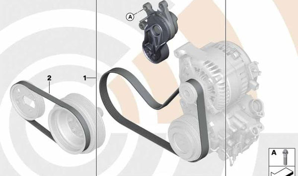 Kit correa de accesorios (bomba agua y alternador) OEM 11282449715 para BMW F07, F10, F11, F18, E84, F25, F26, E89. Original BMW.