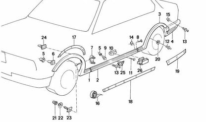 Pasamuros OEM 51711939303 para BMW Serie 3 E30. Compatible con molduras de taloneras y paragolpes M Technic. Original BMW.