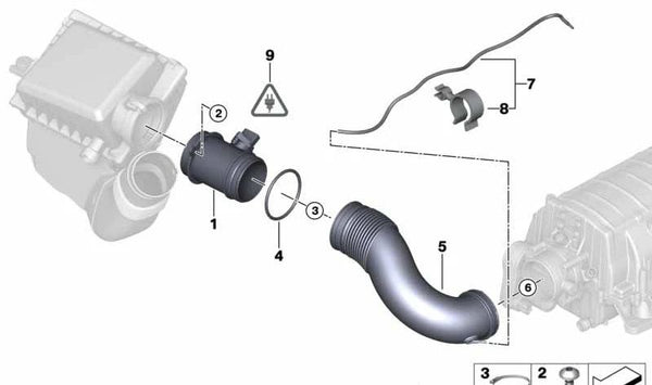Manguito de admisión de aire OEM 13717521024 para BMW E60, E61, E63 y E64 (545i). Original BMW.