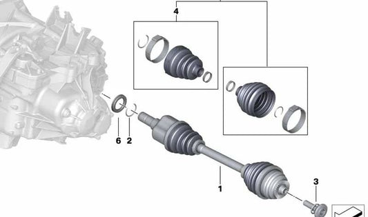 Árbol de salida delantero izquierdo OEM 31608643371 para MINI F55, F56, F57 Cooper D con motor B37. Original MINI.