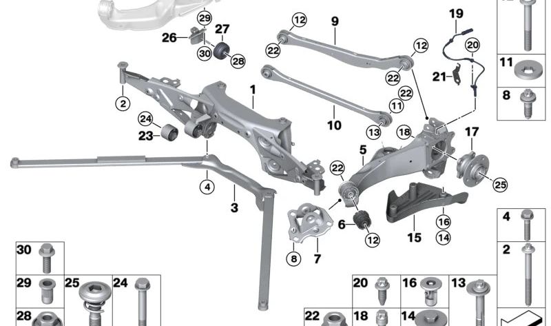 Hinterbalke für BMW 1 F40, F52, Serie 2 F44, F45, F46, X1 F48, F49, X2 F39, Mini F54, F60 (OEM 33306851560). Original BMW