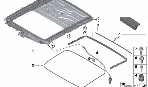 Tubo desagüe agua techo solar trasero OEM 54107379736 para BMW F90, F90N, G30, G30N. Parte del marco del techo corredizo. Recambio original BMW.