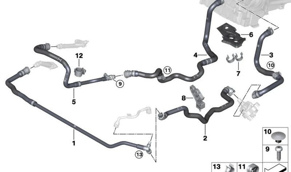 Manguera de refrigerante delantera OEM 64218832958 para BMW {2er U06, X1 U11, X2 U10} y MINI {U25}. Original BMW y MINI.