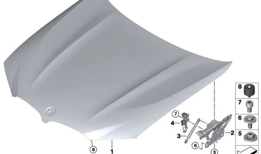 Front left lid hinge for BMW X3 F97, G01, G08, X4 F98, G02 (OEM 41617475791). Original BMW