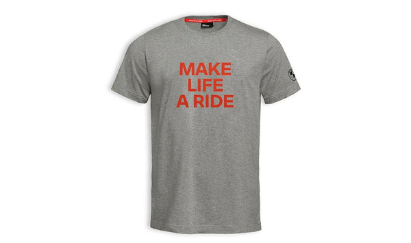 Camiseta gris "Make Life a Ride" OEM 76615B3E461 para BMW Motorrad. 100% algodón, con logo BMW en la manga y eslogan en el pecho. Original BMW Motorrad. Tallas S a 3XL.