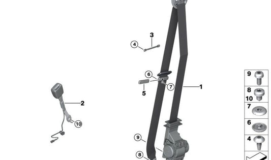 Cinturón de seguridad delantero derecho OEM 72117496288 para BMW G20, G20N, G21, G21N, G28, G80, G26, G26E. Original BMW.