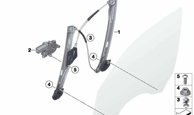 Elevalunas delantero derecho sin motor OEM 51337281882 para BMW F20 y F20N. Original BMW.