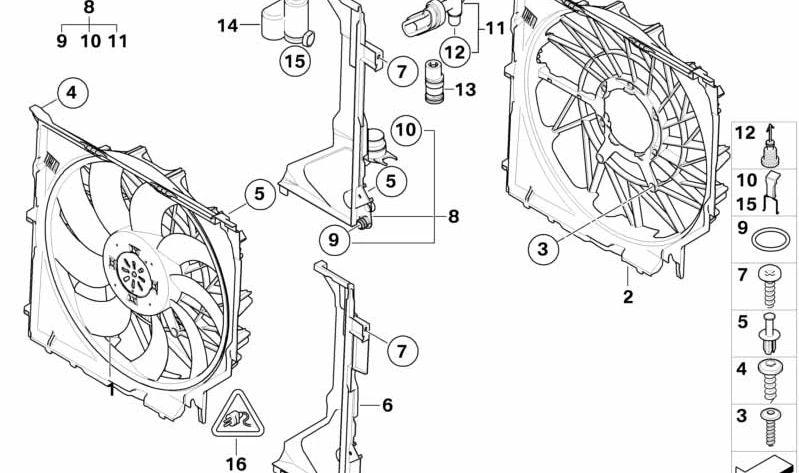 Carcasa del ventilador OEM 17113442096 para BMW X3 E83 (2.0d, 2.0sd, 2.5i, 2.5si) modelos fabricados entre 2004 y 2010. Recambio original BMW.