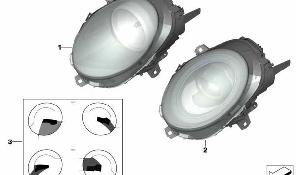 Juego de láminas protectoras faro delantero OEM 63120040579 para MINI F54. Compatible con versiones Cooper, Cooper D en producción desde 2015 hasta 2024. Original MINI.
