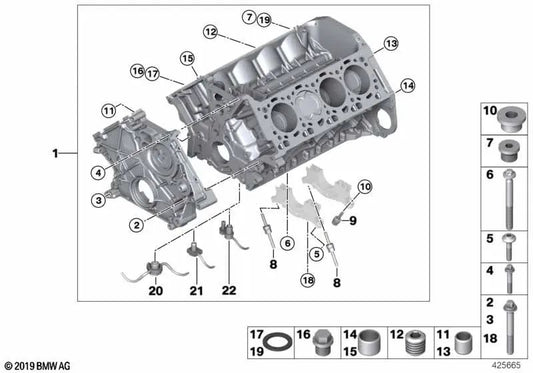 Cylinder crankcase with piston for BMW F07, F10, F11, F12, F13, F01, F02, F04, E70N, E71, E72 (OEM 11112296651). Genuine BMW.