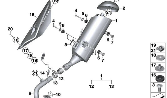 Cubierta sistema de escape OEM 46639467909 para motos BMW C 400 GT (K08), C 400 X (K09). Original BMW Motorrad.