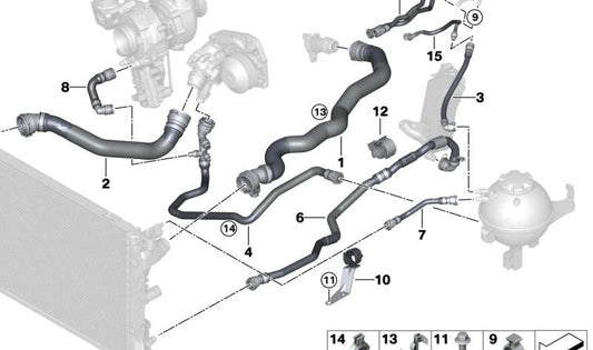 Mangueira do radiador de líquido de arrefecimento para BMW G30, G31, G11, G12 (OEM 17128573234). BMW original