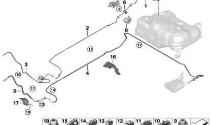 Clip de sujeción de conductos OEM 16126765062 para BMW E81, E82, E87, E88, U06, E90, E91, E92, E93, E84, U11, E70, F15, F85, E71, E72, F16, F86. Original BMW.