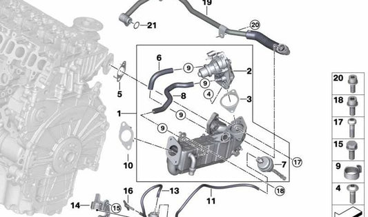 Manguito enfriador de la válvula EGR OEM 11718580445 para BMW F40, F44, F45, F46, F48, F39 y MINI F54, F55, F56, F57, F60. Original BMW y MINI.
