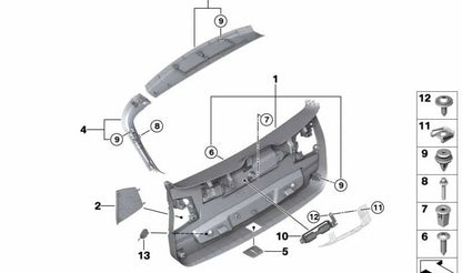 Botón interior OEM 51497455851 para BMW F45, F45N, F39, F60. Recambio original BMW. Perteneciente a la moldura de maletero. Ideal para reemplazar botón roto o desgastado.