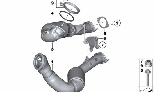 Soporte para catalizador cercano al motor OEM 18307594011 para BMW F01, F02 (740i, 740Li con motor N54). Original BMW.