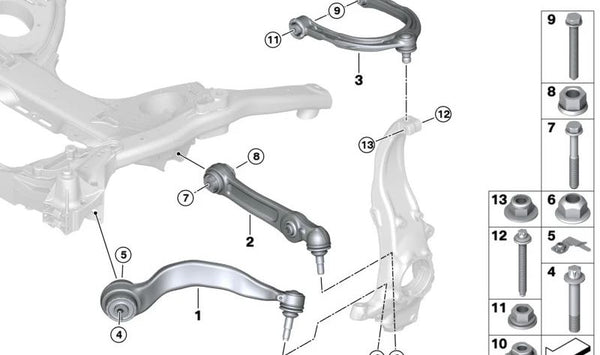 Tirante de suspensión izquierdo con silentblock OEM 31106888763 para BMW G32 y G32N. Original BMW.