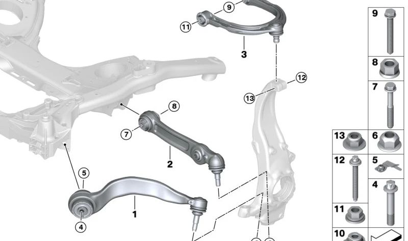 Brazos de suspensión con silentblock superior OEM 31106861185 para BMW G30, G31, G38, G32. Original BMW.