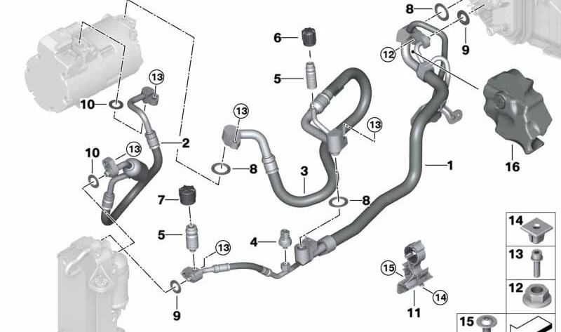 Tubo de succión evaporador a compresor OEM 64539109729 para BMW G30, G31, G11, G12. Original BMW.