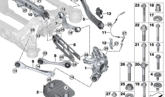Suspension arms with rubber mount left for BMW G60, G70 (OEM 33326898559). Original BMW