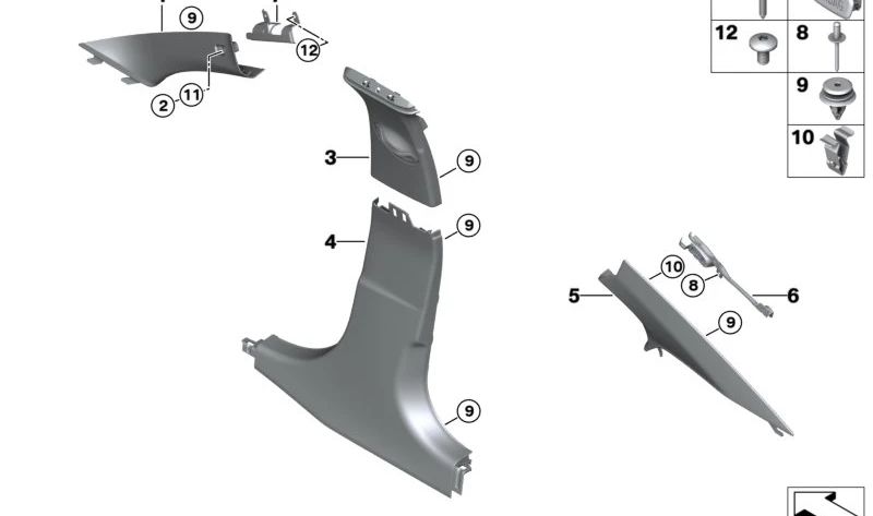 Upper left B-pillar fairing for BMW 3 Series G20, G21, G80, G81 (OEM 51438079321). Original BMW
