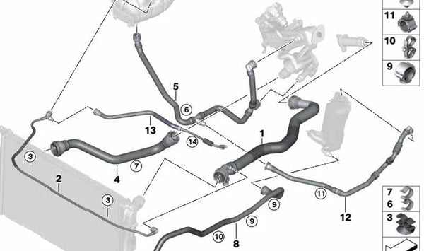 Manguera del radiador OEM 17128514078 para BMW F20, F21 (todas las versiones compatibles). Repuesto original BMW.