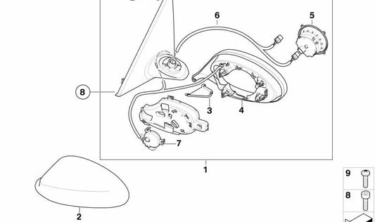 Verkabelung für linke elektrische Rückfahransichten OEM 67136972538 für BMW E81, E82, E87, E87N, E88, E90, E91, E92, E93. Original BMW.