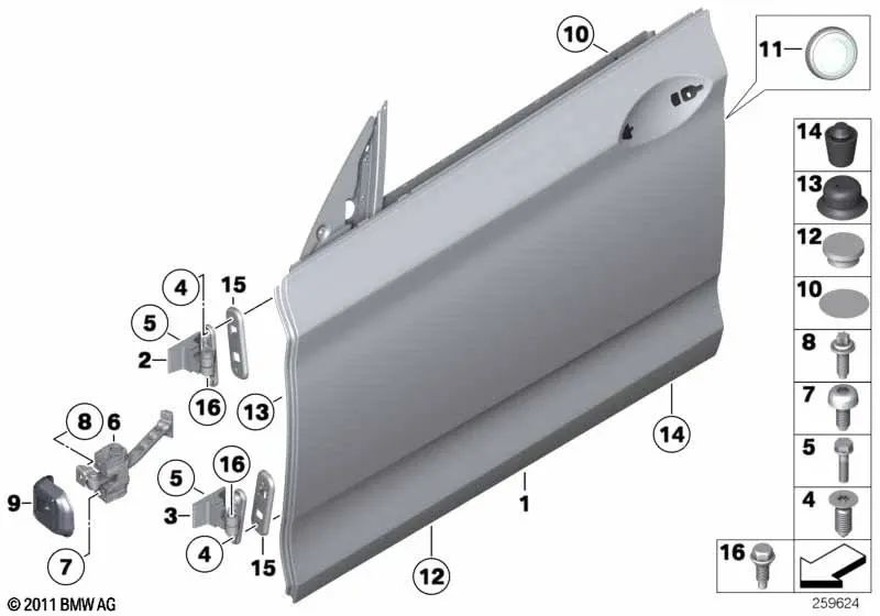 Bisagra de puerta delantera inferior derecha para BMW Serie 5 F07, F07N (OEM 41007228158). Original BMW