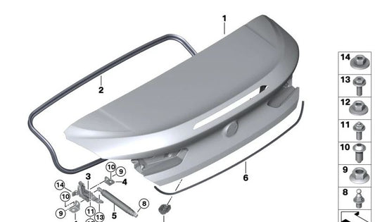 Bisagra derecha del maletero OEM 41007417338 para BMW F91, G14, M8 Competition, 840d xDrive, 840i, M850i. Original BMW.