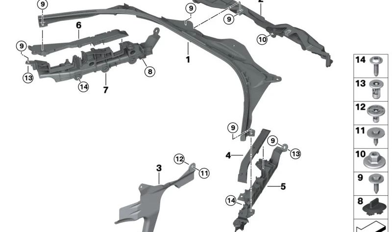Cubierta del mecanismo de dirección delantero derecho OEM 51757340880 para BMW G42, G20, G20N, G21, G21N, G28, G22, G22N, G23, G23N, G26, G26N. Original BMW.
