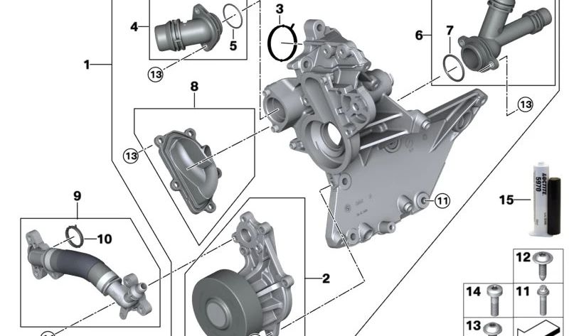 Water pump with OEM support 11519453668 for BMW G60, G70, G05, G09. Original BMW.