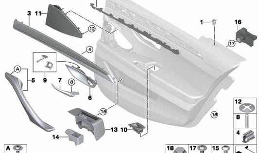 Reposabrazos puerta trasera izquierda OEM 51427226447 para BMW F10, F11, F18. Original BMW.