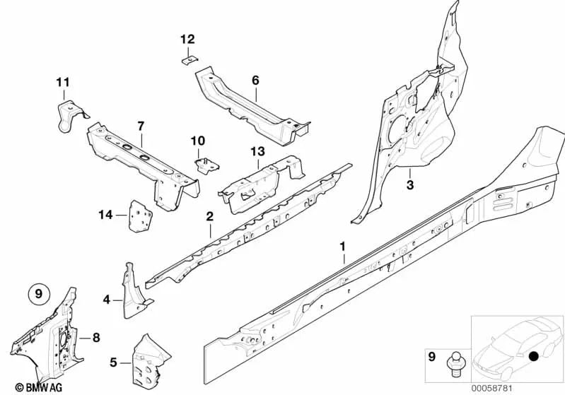 Placa de Cierre Pilar delantero izquierdo para BMW Serie 3 E46 (OEM 41217022409). Original BMW