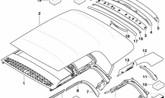 Estructura principal capota OEM 54347162757 para MINI R52 (One, Cooper, Cooper S) Cabrio. Modelos compatibles: RF31, RF32, RF41, RF42, RH31, RH32, RH41, RH42, RD31, RD32. Original MINI.