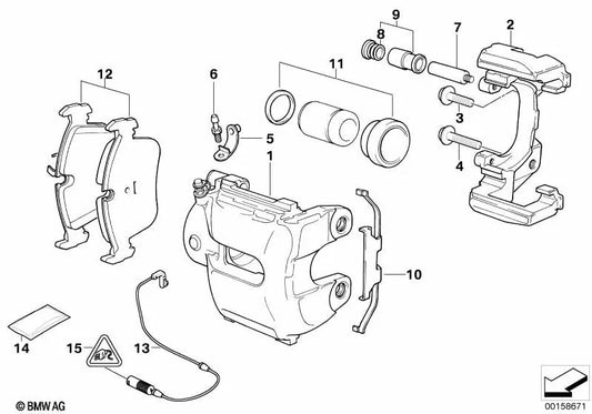 Caixa do grampo do freio direito para BMW 5 E60 Series, E60N, E61, E61N Series 6 E63, E63N, E64, E64N Series 7 E65, E66 (OEM 34116768068). BMW original.