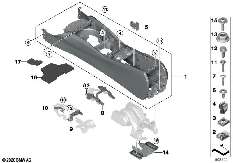 Center console with contrast stitching for BMW 5 Series G30, G31 6 Series G32 (OEM 51166833967). Genuine BMW
