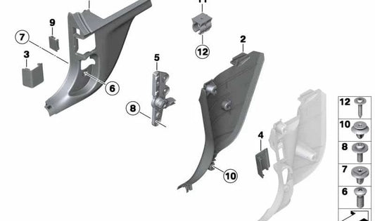 Panel lateral derecho inferior OEM 51437250868 para BMW F20, F20N, F21, F21N, F22, F22N, F23, F23N, F87, F87N. Pieza original BMW. Color negro.