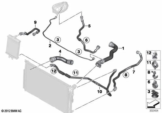 Coolant hose for BMW 3 Series F30, F31, F34 4 Series F32, F33, F36 (OEM 17127812943). Original BMW